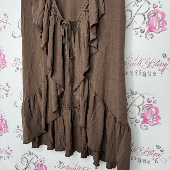 Venus cardigan tshirt style ruffle frilly tie up belted waist brown flowy comfy - Picture 5 of 12
